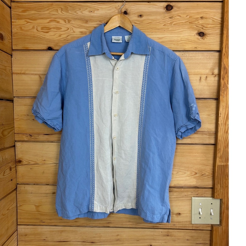 Rainforest Cafe Mens Medium Blue Linen Blend Embroidered Guayabera Camp Shirt